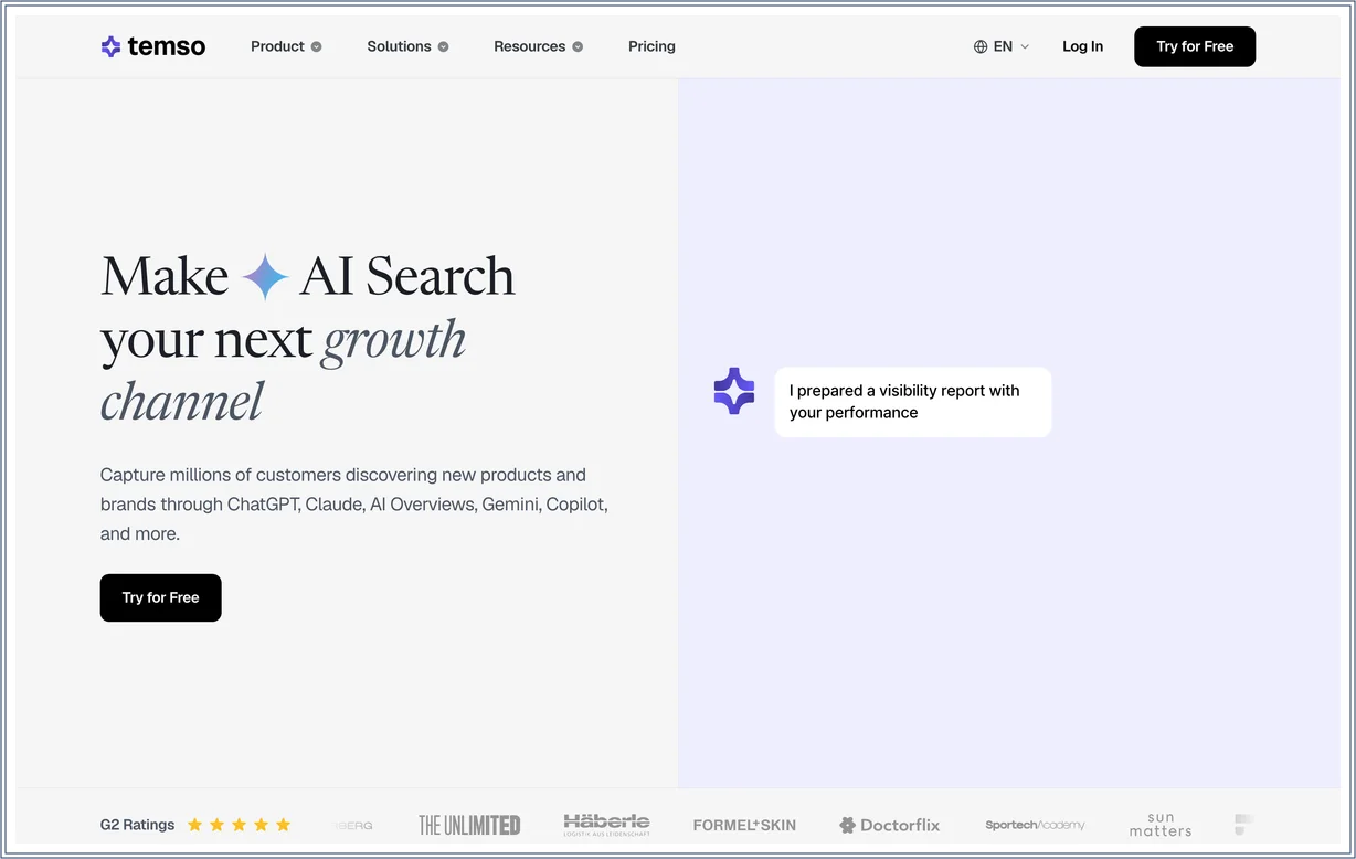Startseite von Temso mit dem Dashboard zur Sichtbarkeitsmessung über ChatGPT, Perplexity, Google AI Overviews, Gemini und Copilot